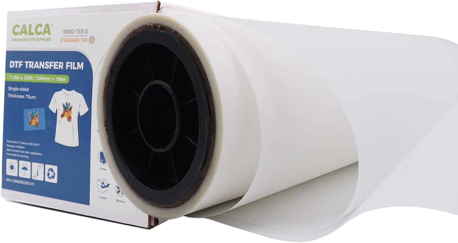 CALCA 11.8" x 328FT DTF Transfer Film Roll Hot Peel DTF Film Premium Roll PET Heat Transfer Paper Film for DYI Direct Print on T-Shirts Textile (Glossy Clear Back)