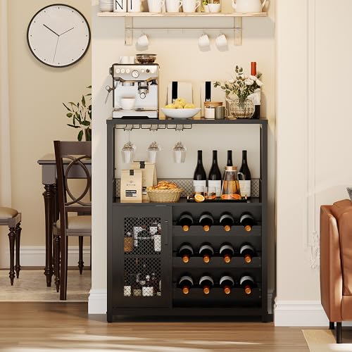 GarveeHome 3-Tier Wine Bar Cabinet with LED Lights & Wine Rack, Liquor Cabinet with Storage, Coffee Bar Cabinet with Glass Holder & Mesh Door, Sideboard Buffet Bar for Living Room, Dining Room, Black