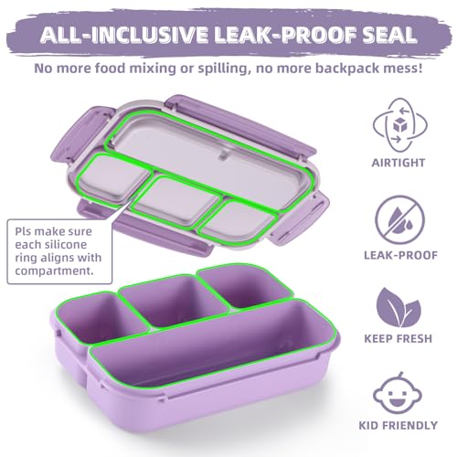 Image of QQKO Bento Box Adult Lunch Box, Lunch Containers for Adults Men Women, Kids Lunch Boxes for School with 4 Compartments, Sauce Container, Utensils and Muffin Cups, Purple
