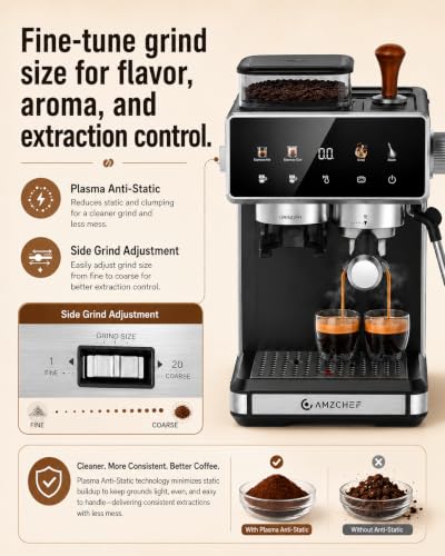 Image of AMZCHEF Espresso Machine with Grinder, Latte & Cappuccino for Home Use | 20 Grind Settings, Built-In Grinder, Hot & Cold Brew, 30s Heat-Up, 3 Temps, 3-10s Pre-Infusion, Milk Frothing, Compact Design