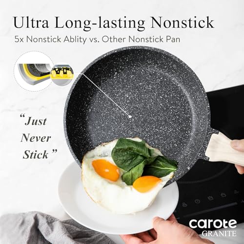 CAROTE Non Stick Frying Pans,Nonstick Granite Fry Pan Egg Pan Omelet Pans, Stone Cookware Chef's Pan, PFOA Free, Black Granite, 8"+10"+12”