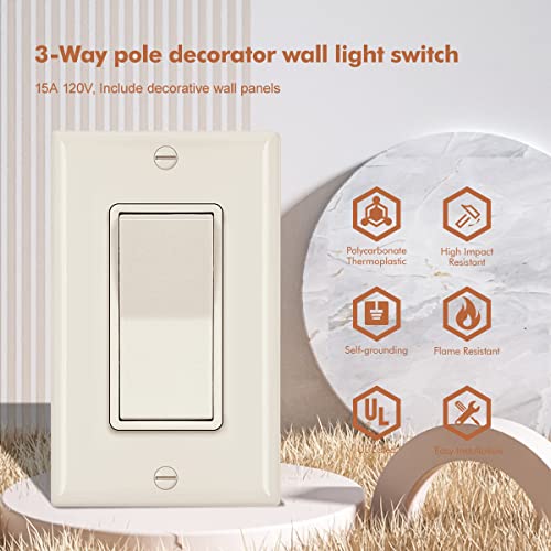 3 Way Decora Light Switch, Paddle Rocker Residential Grade 3 Wires Grounding Screw Single Pole 15A 120V/277V Ul Listed Micmi Ivory (3Way, With Wallplates 10Pack) #TOP1