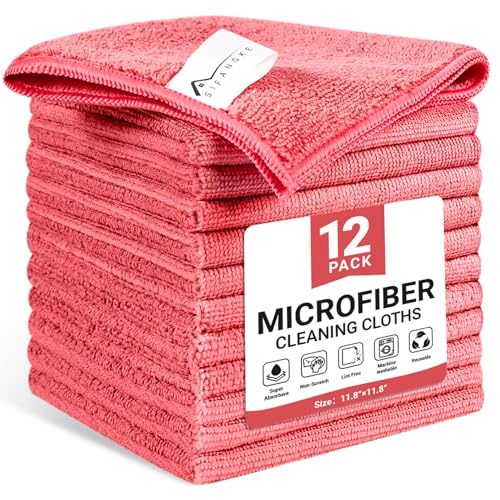 Image of SIFANGKE Microfiber Cleaning Cloth, 12 Pack Pink Cleaning Rags for Housekeeping, Reusable Microfiber Towels for Car, Kitchen, Bathroom and Household Cleaning Supplies, 11.8 inchX11.8 inch