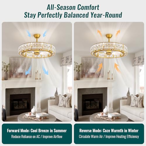 Image of Siljoy Gold Fandelier Ceiling Fan with Light, 31.5'' Modern Crystal Chandelier Ceiling Fans with Lights Remote Control, Large Mid Century Dimmable Fandelier 6 Speeds for Living Room Bedroom Nursery