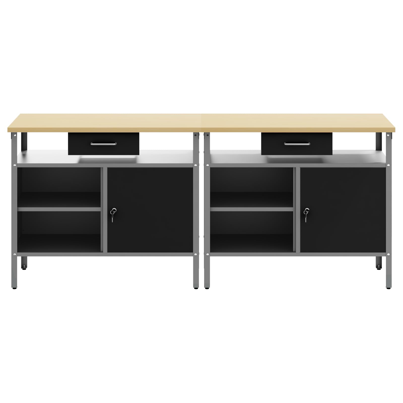 Juego de mesa de trabajo con estantería, 2 piezas, acero recubierto de polvo en negro y gris, 200 x 55 x 85 cm, con estantes metálicos y cajones, para taller, garaje, sala de hobby, mesa de