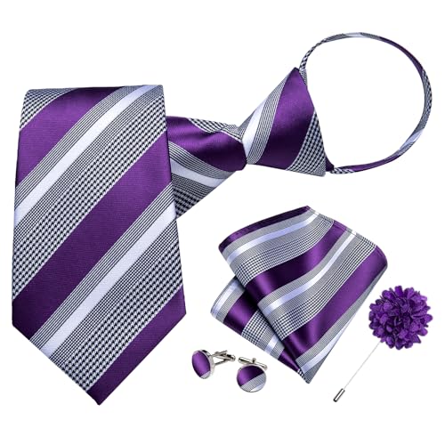 Image of DiBanGu Mens Zipper Tie Silk Pre-Tied Necktie with Gift Box | Jacquard Woven,Paisley Solid Plaid Pattern,6PCS with Pocket Square,Cufflinks and Lapel Pin,for Wedding Party Formal Business