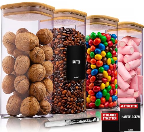 Deco haus® Vorratsgläser mit Deckel Luftdicht 4er Set [+ Etiketten] - Vorratsdosen Glas mit Deckel Luftdicht - Aufbewahrungsgläser Küche - Vorratsbehälter Glas Eckig - Aufbewahrungsglas - 4x1600ml