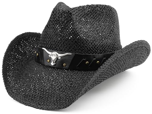 Melesh Straw Cowboy Hat for Women Men Sun Beach Western Cowgirl Hat (US, Alpha, One Size, Black -OX)