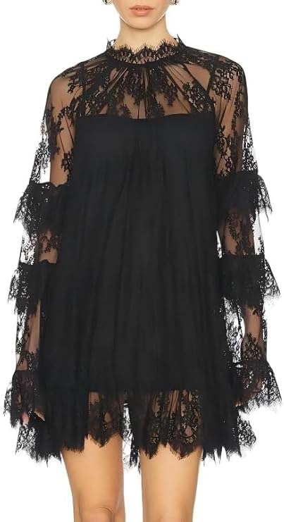 Sheer See Through Lace Mini Dress Women Ruffle Long Sleeve Layered Overlay Short Dress Y2K Going Out Cover Up Dresses
