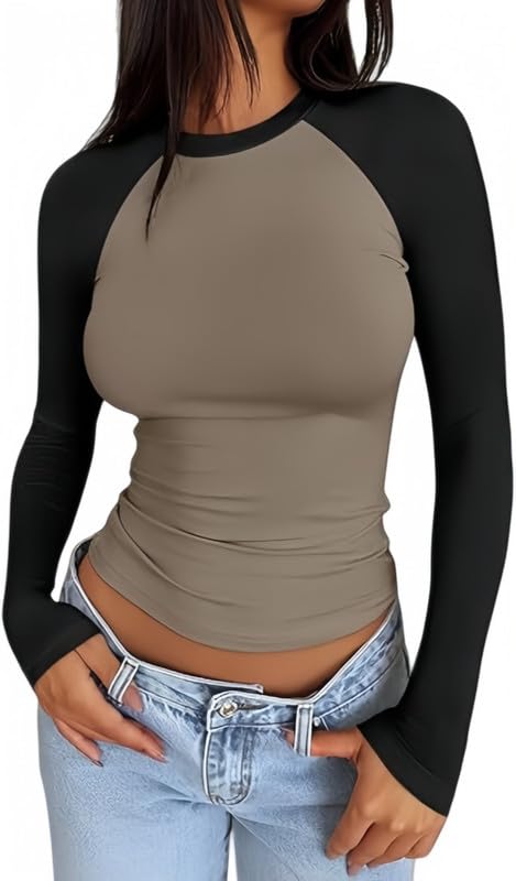 Sukiglam Langarmshirt Damen Basic Rundhals Zweifarbig Patchwork Langarm T-Shirts Eng Lässig Sport Oberteil Cooles Raglan Shirt Slim Fit Unterziehshirt Y2K Longsleeve Top Herbst Freizeit Pullover