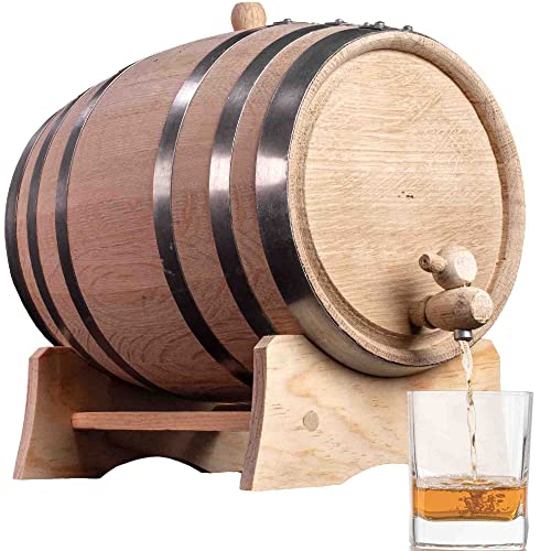 2.5 Gallon Oak Barrel (Distillery Series - Steel Hoops, Unvarnished) with Wood Stand, Bung & Spigot - Charred Oak Bourbon Whiskey Aging Barrel For The Home Brewer, Distiller, Wine Maker (10 Liter)