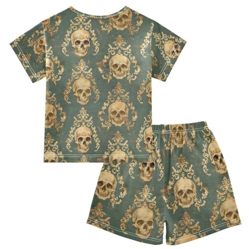 ALAZA Vintage Sugar Skull Green Pajamas Set Short Sleeve Cotton Sleepwear Summer Pjs 2 Piece 5-14Y2