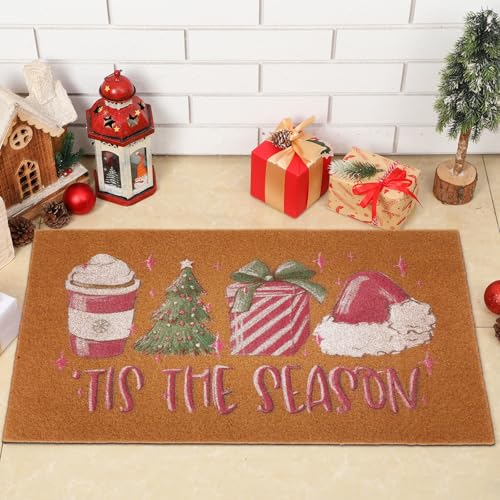 Tinideya ピンク クリスマス ウェルカム マット コイア ドアマット 29 x 17インチ ドアマット Xmas Decor 屋外ラグ 滑り止め裏地付き 屋外 屋内装飾 キッチン 玄関 寝室 玄関用 [5]