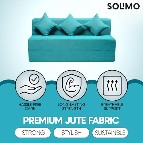 Image of Amazon Brand - Solimo 3 Seater 5 * 6 Jute Fabric Washable Cover Sofa Cum Bed with 3 Cushions 3 Seater Double Foam Fold Out Sofa Cum Bed (Finish Color - Sky Blue Delivery Condition - Pre-Assembled)