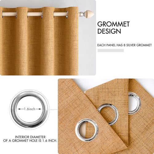 Image of MIULEE 100% Blackout Linen Textured Curtains for Bedroom Solid Thermal Insulated Mustard Yellow Grommet Room Darkening Curtains & Drapes Luxury Decor for Living Room 52 x 90 Inch (2 Panels)