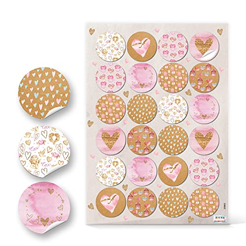Logbuch-Verlag 24 adesivi rotondi 4 cm cuore cuori rosa marrone bianco eleganti romantici fai da te diy bricolage decorazione decorare confezioni regalo libro accessori sticker alta qualità amore