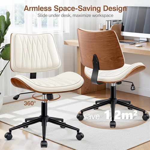 Image of Ergonomic Armless Office Desk Chair - Mid-Century Modern White Faux Leather with Diamond Stitch, Adjustable Height Swivel Rolling Task Computer Chair with Walnut Accent for Home Office, Study & Work