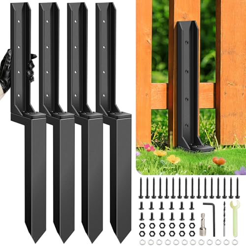 4 Pcs Fence Post Repair Kit Heavy Duty Fence Post Anchor Ground Stakes for Repair Tilted Broken Wood Support