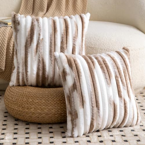 Madizz Lot de 2 Housses de Coussin en Peluche en Fausse Fourrure Housse de Coussin décorative Douce à Rayures moelleuses pour Coussin de Chambre à Coucher...