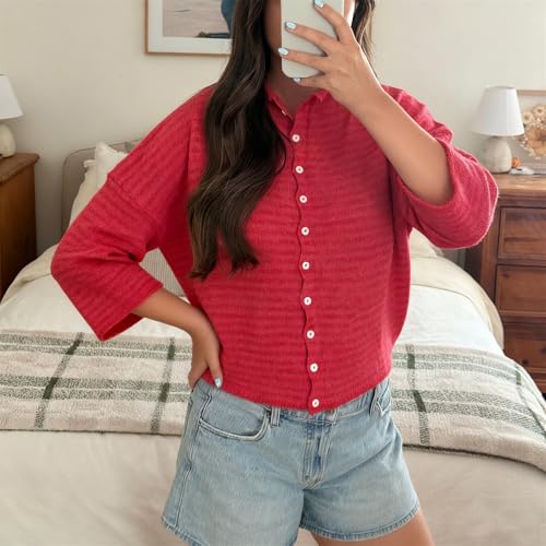 Image of Women Knitted Crop Cardigan Shirt Short Sleeve Button Down Ribbed Knit Crop Top Y2k Girls Outwear Top Tee Shirt