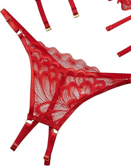 Image of Lilosy Women's Sexy Underwire Floral Lace Sheer Lingerie Set See Through Bra and Panty 4 Pieces Pasties Red Medium