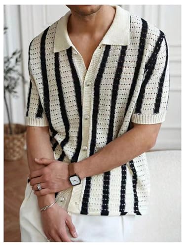 WDIRARA Men's Big and Tall Striped Crochet Button Down Shirt Half Sleeve Collared Knit Tops3