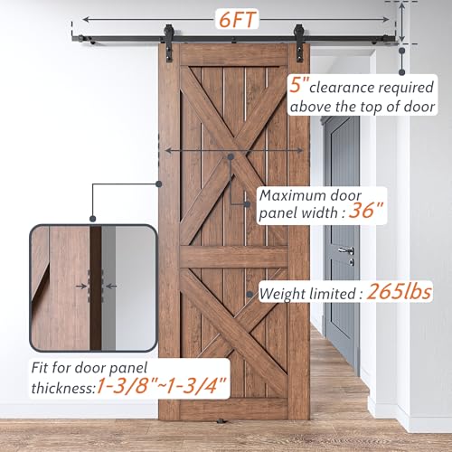  Heavy Duty 6FT Sliding Barn Door Hardware Kit for Easy Installation - Combination Track Required - Black (J-L-5)
| Lite