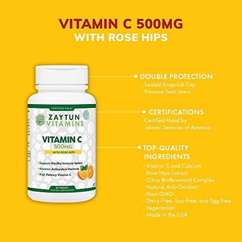 Zaytun Vitamins Halal Vitamin C 500Mg Tablets With Rose Hips Supports Immune System, Natural Antioxidant With Citrus Bioflavonoids - Vegan - Gluten-Free - 2 Months Supply - Halal Vitamins #TOP2