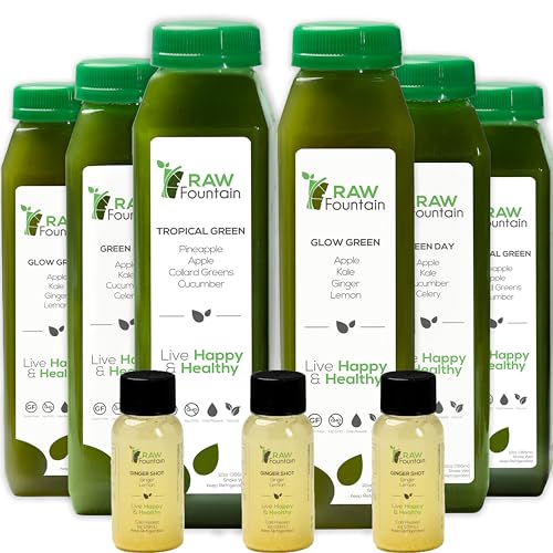 Raw Fountain 1 Day Green Juice Cleanse, All Natural Raw, Vegan Detox, Weight Management Program, Cold Pressed Juice, 6 Bottles 12oz, 3 Ginger Shots Raw Fountain 1 Day Green Juice Cleanse, All Natural Raw, Vegan Detox, Weight Management Program, Cold Pressed Juice, 6 Bottles 12oz, 3 Ginger Shots