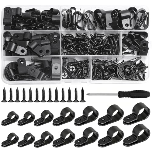 Seconero 134 Piezas Tipo R Abrazadera de Cable Nylon, 7 Tamaños, Clips de Cable de Nailon Tipo R, Tipo R Negro con 110 Piezas Tornillos y Destornillador para Gestión de Cables, Tubos y Mangas