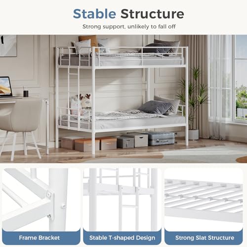 Image of DUMOS Metal Bunk Bed Frame Twin Over Twin Size with Ladder and Guardrail, Sturdy Heavy Duty Slats Support Bed, Space Saving, No Box Spring Needed, White