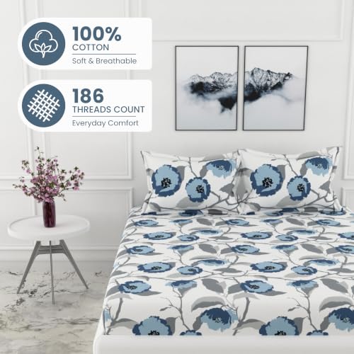 Image of LORETO - A QUALITY LINEN BRAND 210 TC 100% Pure Cotton Double /Queen Fitted Bedsheet with 2 Pillow Covers for 78 x 60 Inch Mattress, All-Around Elastic, 8 Inch Deep Pocket, Navy Floral