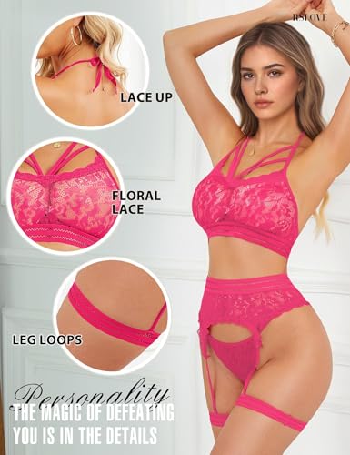 RSLOVE Damen Dessous Set Sexy – Spitzen BH und Tanga mit Strapsen Beinbänder, Mesh Body Outfit für Romantische Nächte, Besondere Anlässe, Intime Momente, Rosa Einheitsgröße