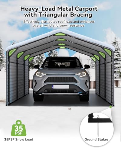 Image of Heavy Duty Metal Carport, 10x15FT Outdoor Carport Canopy with Galvanized Steel Roof and Reinforced Base,Metal Side Panels,Sidewalls,Garage Shelter Shade for Cars,Trucks, Boats, Gray