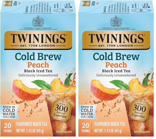 Image of Twinings Peach Cold Brew Iced Tea Bags, 20 Count (Pack of 2), Unsweetened Flavoured Black Tea, Caffeinated, 20 Teabags