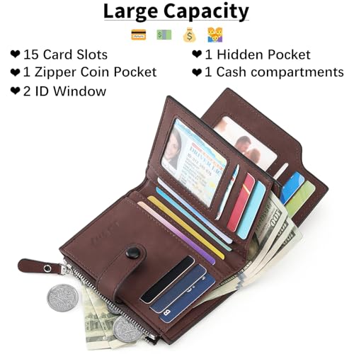 Image of Wallet for Men Large Capacity Leather RFID Blocking Trifold Wallet with 2 ID Windows and 15 Card Holders