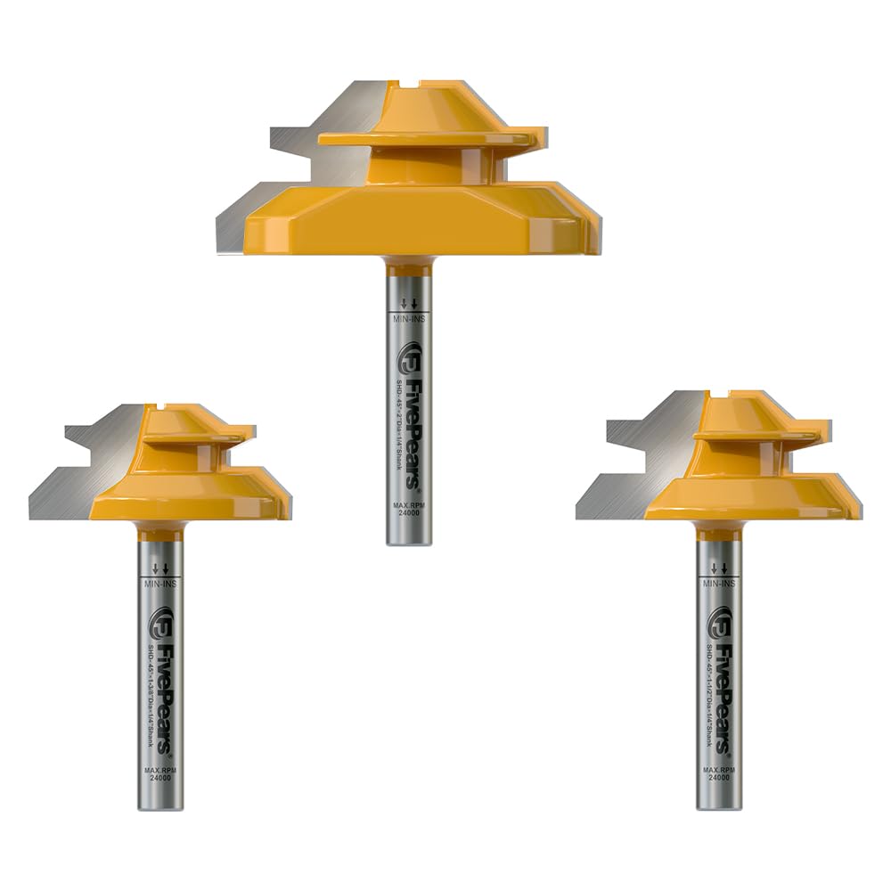 FivePears Timberlock 45 - Juego de 3 brocas de enrutador de inglete de bloqueo de 45 grados, para 1/2, 5/8 pulgadas, 3/4 pulgadas, altura de corte, broca de enrutador de bloqueo de madera fácil de
