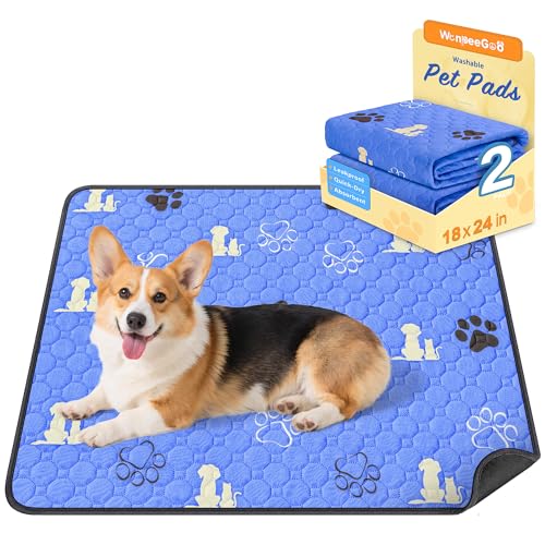 Image of WanpeeGoo Washable Pee Pads for Dogs, Waterproof, 18 x 24 in, 2 Pack, Blue | Super Absorbent, Waterproof and Non-Slip; Washable, Reusable Dog Pads for Crates, Playpens, Floors, Furniture and Travel