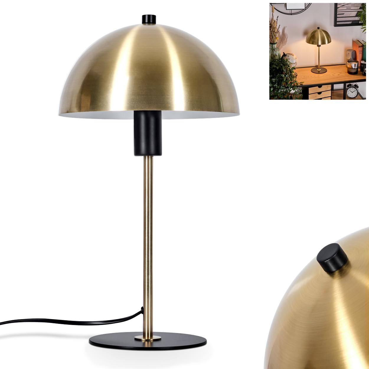 Lampe de table Sandvig, lampe de chevet moderne en métal laiton/noir, ronde au design rétro/vintage, Ø 20 cm, hauteur 36 cm, avec interrupteur marche/arrêt sur le câble, 1 x E14, sans ampoule