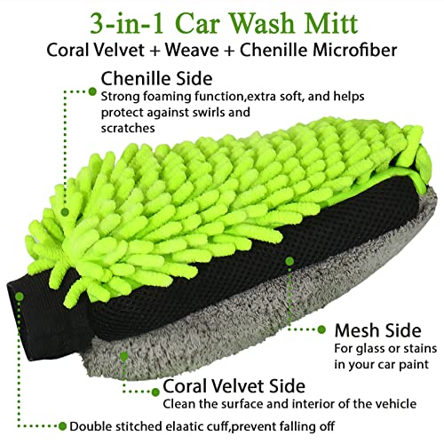 Greatcool Car Wash Collapsible Bucket With 3-In-1 Car Wash Mitt, Coral Velvet + Weave + Chenille Microfiber Glove Sponge, 10L (2.6 Gallon) Portable Folding Basin Pail For Car Household Cleaning #TOP3