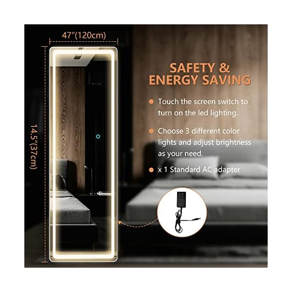LVSOMT FullLength Mirror with Lights, 47"x14" LED Lighted Wall Mounted