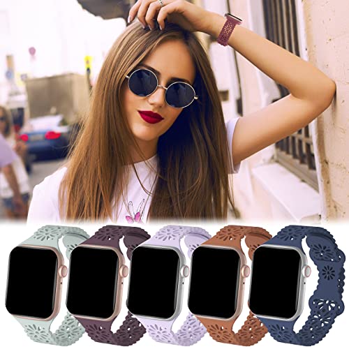Image of 5 Pack Slim Lace Silicone Compatible for Apple Watch Band 38mm 40mm 41mm 42mm 44mm 45mm 46mm 49mm, Thin Hollow-out Breathable Strap for iWatch Ultra 3 2 1 Series 11 /10 /9 /8 /7 /SE /6 /5 /4 /3 /Women Men