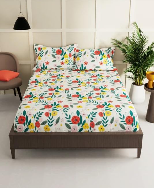 Image of Avinya Cotton Single Size Elastic Fitted Single Bedsheet (72x48x6) with 1 Pillow Covers (Red Flower)