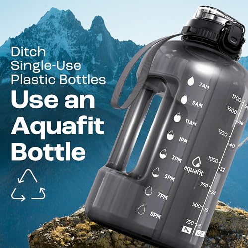 Image of AQUAFIT Half Gallon Water Bottle with Time Marker - Straw & Chug Lid - BPA Free Gym Water Bottle with Straw - Big Gallon Jug (Gray, 64 oz - 2in1 Lid)
