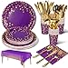 Nkaiso 141pcs Violet Or Party Vaisselle,Kit Vaisselles Anniversaire Assiette Dîner Papier Tasse Serviette, Enfants Party Fête Mariages Baby Shower Noël, 20 invités