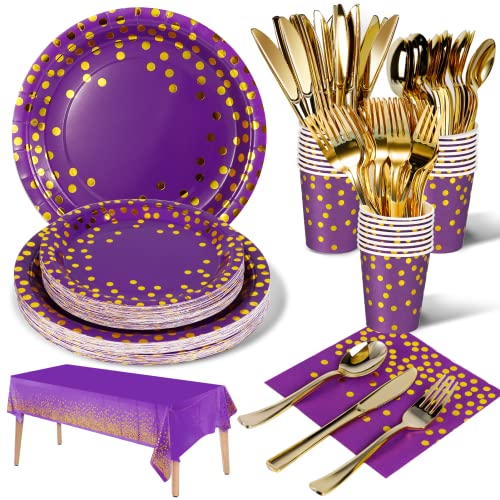 Image of Nkaiso 141Pcs Purple Gold Paper Plates and Napkins Party Supplies for20