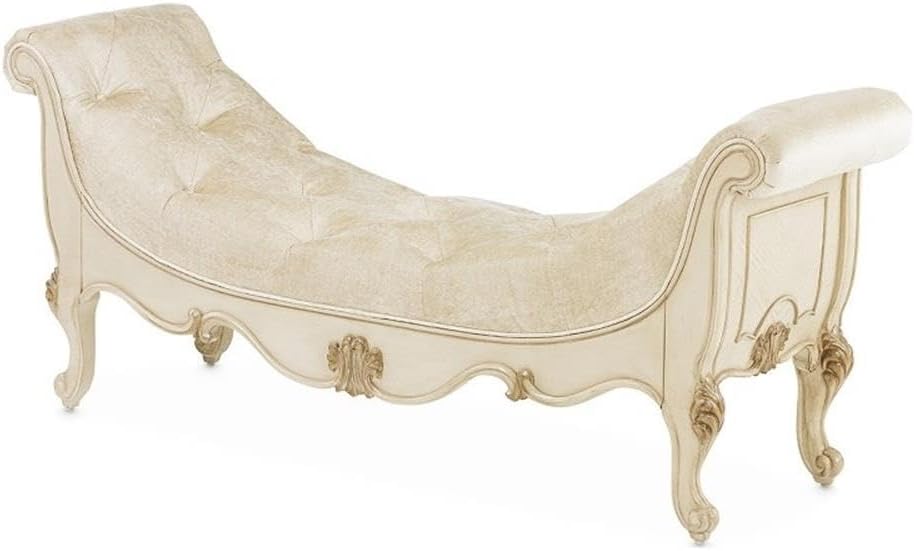 Pemberly Row Modern Velvet Accent Bench, Ivory Upholstery, 28" H x 65" W x 19" D, Solid & Manufactured Wood Frame, Champagne Finish, Crystal Tufted Glam Bedroom Bench, Decorative Seating