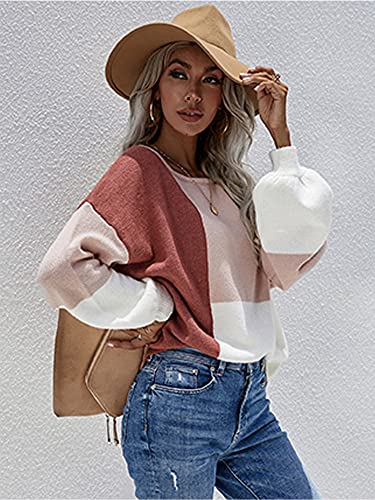Image of ECOWISH Women Sweater Long Sleeve Color Block Knit Pullover Sweaters Crew Neck Patchwork Casual Loose Jumper Tops