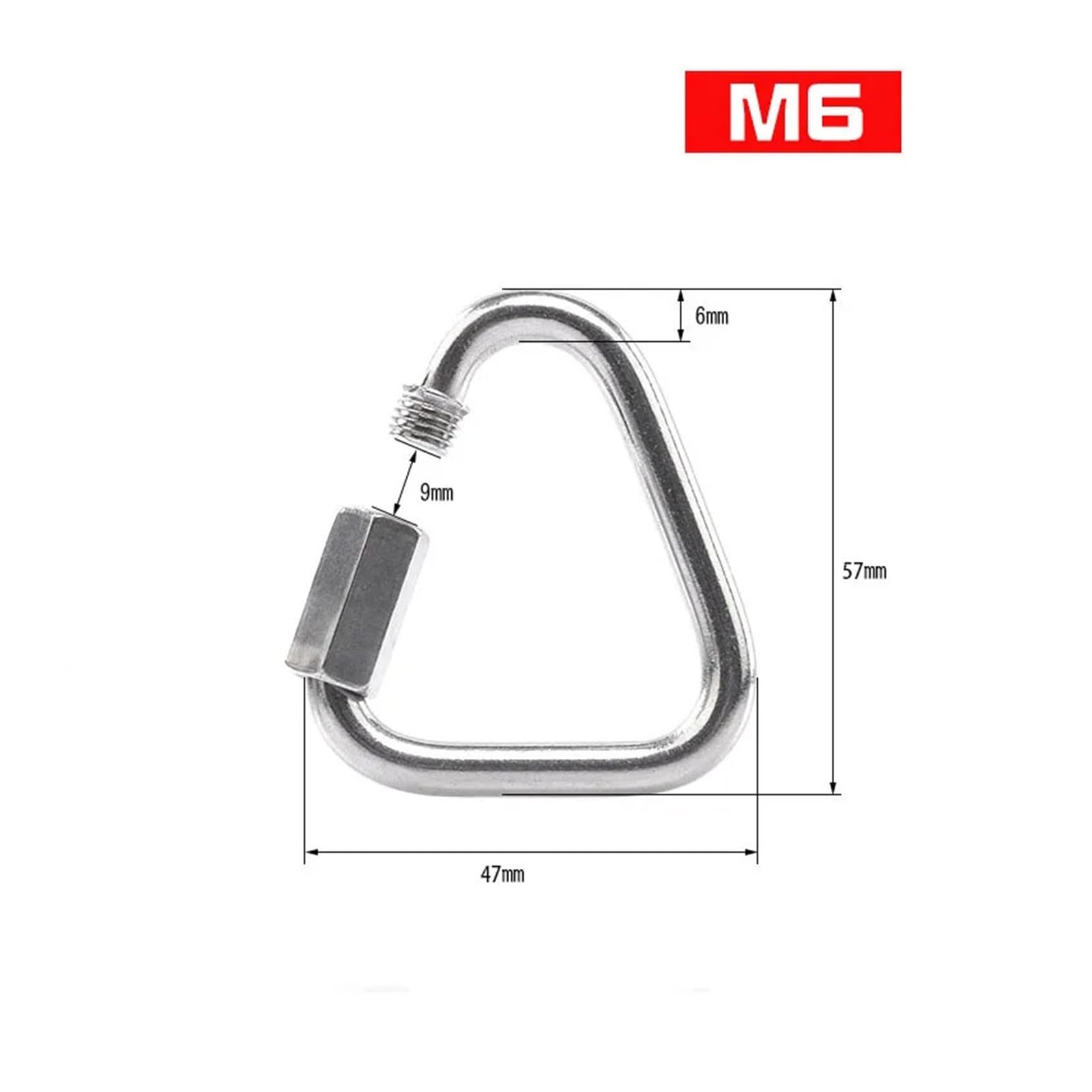 10 mosquetones de Acero Inoxidable con Cierre rápido y Tuerca de Tornillo, Gancho de Cadena Triangular for Remolque, Columpio, hamacas y Cable.(M6)