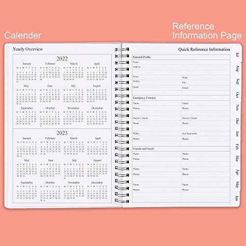 2022-2023 Diary, A5 Weekly Planner with Monthly Tabs, Back Pocket, Elastic Closure, Flexible Cover, Twin-Wire Binding, Easy to Organize Your Daily Life, 14.8×21cm, Appointment Planner, Pink